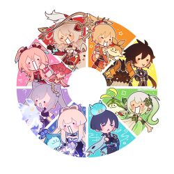  2boys 6+girls :> ? alice_(genshin_impact) aracanthus38633 arama_(genshin_impact) aranara_(genshin_impact) ararycan_(genshin_impact) arm_at_side armlet arms_behind_back artist_name asymmetrical_bangs azhdaha_(genshin_impact) black_bodysuit black_bow black_gloves black_sash black_shirt black_shorts bloomers blue_cape blue_gem blue_kimono blunt_ends blush bodysuit bow bow-shaped_hair brown_coat brown_hair brown_sleeves brown_vest cape chinese_clothes choppy_bangs clothing_cutout coat collared_shirt color_wheel_challenge colored_tips commentary cone_hair_bun contrast_collar coral_hair_ornament creature creature_on_head crossed_arms crossed_bangs detached_collar detached_sleeves dodoco_(genshin_impact) double_bun dress earrings english_commentary feather_hair_ornament feathered_wings feathers flower furisode gem genshin_impact gloves gold gold_armlet gold_halo gradient_hair green_gem green_hair green_sleeves grey_necktie grey_sash hadanugi_dousa hair_between_eyes hair_bun hair_flower hair_ornament hand_on_own_arm hand_on_own_chin hand_on_own_face hand_on_own_hip hat head_wings heart heart_hair_ornament highres japanese_clothes jewelry juban keqing_(genshin_impact) kimono lapels large_bow leaf leaf_hair_ornament linnea_(genshin_impact) long_hair long_sidelocks looking_at_creature looking_at_viewer luonnotar_(genshin_impact) medium_dress medium_hair multicolored_hair multiple_boys multiple_drawing_challenge multiple_girls nahida_(genshin_impact) navel_cutout necktie obi obijime one_eye_closed open_clothes open_coat open_kimono open_mouth orange_kimono orange_sleeves outstretched_arms pink_hair pink_wings pointy_ears pom_pom_(clothes) purple_bow purple_hair purple_sash purple_sleeves purple_thighhighs rattail red_bow red_dress red_hat red_rope red_sleeves rope sangonomiya_kokomi sash scaramouche_(genshin_impact) shimenawa shirt short_sleeves shorts side_cape side_ponytail sidelocks slime_(genshin_impact) solid_circle_eyes sorush_(genshin_impact) spread_arms star_(symbol) swept_bangs thigh-highs topknot turtleneck turtleneck_bodysuit undershirt v-shaped_eyebrows very_long_hair vest wanderer_(genshin_impact) white_background white_bloomers white_coat white_dress white_feathers white_flower white_hair white_kimono white_mouth white_sleeves wings witch_hat yellow_feathers yoimiya_(genshin_impact) zhongli_(genshin_impact) 