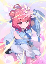  1girl absurdres ahoge arm_support arm_up beret black_shoes blue_necktie blue_sailor_collar blue_skirt blush breasts buttons character_request collared_shirt cona_kinaco copyright_notice double_bun food garter_straps hair_bun hat highres jacket kneeling long_sleeves looking_at_viewer mary_janes medium_breasts medium_hair necktie off_shoulder one_eye_closed open_clothes open_jacket open_mouth pink_eyes pink_hair pleated_skirt red_eyes red_hair sailor_collar sailor_hat shirt shoes skirt sleeve_cuffs sleeveless sleeveless_shirt smile solo star_(symbol) thigh-highs white_hat white_jacket white_shirt white_thighhighs xross_stars 