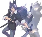  1boy 1girl black_legwear genderswap imari kantai_collection katana purple_hair short_hair simple_background skirt solo sword tenryuu_(kantai_collection) thigh-highs weapon white_background yellow_eyes zettai_ryouiki 