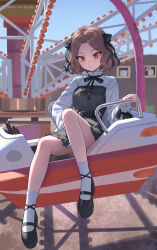  1girl absurdres belt black_belt black_dress black_ribbon black_shoes brown_hair chinese_commentary closed_mouth commentary_request day dress ebizuka_tomo full_body girls_band_cry highres legs long_sleeves looking_at_viewer neck_ribbon outdoors red_eyes ribbon shoes short_hair sitting socks solo white_socks xzu 