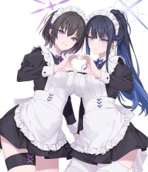  2girls apron black_dress black_hair blue_archive blue_eyes blue_hair braid breast_press breasts colored_inner_hair dress enmaided frilled_apron frills halo heart heart_hands heart_hands_duo highres large_breasts long_hair looking_at_viewer maid maid_apron maid_headdress multicolored_hair multiple_girls purple_halo rokuwata_tomoe saori_(blue_archive) short_braid short_hair subaru_(blue_archive) symmetrical_docking violet_eyes waist_apron white_apron 