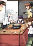  1boy 4girls admiral_(kantai_collection) akatsuki_(kantai_collection) blue_eyes brown_eyes brown_hair chopsticks cooking fang folded_ponytail hair_ornament hairclip hako_roku hat hibiki_(kantai_collection) ikazuchi_(kantai_collection) inazuma_(kantai_collection) kantai_collection kotatsu long_hair multiple_girls nabe open_mouth personification salad school_uniform serafuku short_hair silver_hair skirt smile table waving 