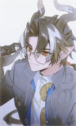  1boy adjusting_eyewear arknights brown_hair chongyue_(arknights) ddcheong dragon_boy dragon_horns eastern_dragon_horns glasses gloves highres horns long_hair looking_at_viewer low_ponytail male_focus multicolored_hair pointy_ears ponytail red_eyes short_hair smile solo streaked_hair upper_body white_streaks 