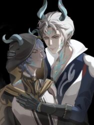  2boys angert_(infinity_nikki) angry aqua_eyes aqua_horns aqua_scales armlet armor black_background black_cloak black_gloves black_shirt blue_hair blue_tunic braid chinese_commentary circlet clenched_teeth cloak closed_eyes closed_mouth collared_shirt commentary_request crescent crescent_necklace dark-skinned_male dark_skin dragon_boy dragon_horns furrowed_brow gloves hand_on_another's_chest hand_on_another's_head high_collar highres hood hood_up hooded_cloak horns horns_through_headwear infinity_nikki jewelry light_frown long_sleeves looking_at_another male_focus meghill_(infinity_nikki) multiple_boys necklace nikki_(series) official_alternate_costume open_clothes open_vest parksolian_(infinity_nikki) parted_lips pauldrons pointy_ears shirt short_hair short_hair_with_long_locks shoulder_armor side_braid simple_background single_bare_shoulder single_braid single_sleeve sleeveless sleeveless_shirt teeth tunic two-sided_cloak two-sided_fabric unconscious upper_body veil vest white_hair white_shirt white_veil white_vest yaza901798 yellow_cloak 