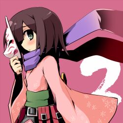  1girl blush brown_hair fox_mask from_side green_eyes hand_up holding holding_mask japanese_clothes kimono looking_at_viewer lowres mask nanateru pink_background pink_kimono profile purple_scarf scarf sekaiju_no_meikyuu sekaiju_no_meikyuu_3 shadow shinobi_(sekaiju) shinobi_4_(sekaiju) short_hair solo upper_body 
