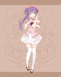  1girl bare_shoulders bow brown_background brown_shoes closed_mouth collared_shirt commentary_request dress earrings flower footwear_bow frilled_thighhighs frills full_body green_eyes hair_bun hair_flower hair_ornament hat highres jewelry looking_at_viewer love_live! love_live!_hasu_no_sora_jogakuin_school_idol_club love_live!_series_15th_anniversary_costume mary_janes matsurugi_tsukasa neck_ribbon off-shoulder_dress off_shoulder otomune_kozue over-kneehighs pink_bow pink_dress pink_hat pink_ribbon pleated_dress purple_hair red_flower ribbon shirt shoes short_dress side_ponytail sidelocks single_side_bun sleeveless sleeveless_shirt smile solo standing tassel tassel_hair_ornament thigh-highs white_shirt white_thighhighs 