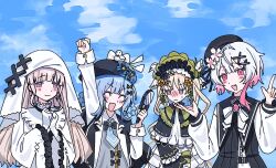  4girls ^_^ belt beret bib_collar bird_hat_ornament black_bow black_bowtie black_capelet black_choker black_coat black_flower black_hat black_rose blonde_hair blue_hair blue_necktie blush bonnet bow bow_flower bowtie braid braided_hair_rings capelet center_frills choker closed_eyes coat collared_coat collared_shirt cross cross_earrings cross_ornament deerstalker dress earrings fang flower frilled_capelet frilled_dress frilled_sleeves frills gloves gradient_hair green_bonnet green_eyes grey_eyes grey_vest hair_bow hair_flower hair_ornament hair_rings hat hat_bow hat_flower hat_ribbon highres hikami_meruru holding holding_magnifying_glass jewelry layered_dress lolita_fashion long_hair long_sleeves magnifying_glass mahou_shoujo_no_majo_saiban multicolored_hair multiple_girls mumesan2 neck_ribbon necktie open_mouth pink_eyes pink_hair priestess ribbon rose sakuraba_ema shirt short_hair skin_fang sky sleeveless sleeveless_coat smile tachibana_sherry tono_hanna twintails two-tone_dress veil vest white_dress white_flower white_gloves white_hair white_ribbon white_rose white_shirt white_sleeves white_veil wide_sleeves winged_hat x_hair_ornament yellow_flower yellow_rose 