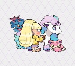  1girl alt_text argyle_background blonde_hair blunt_bangs blush closed_eyes closed_mouth colored_sclera commentary crossover earrings east-west_crossover english_commentary eyelashes eyeshadow floating fur_sweater galarian_ponyta gravity_falls holding holding_brush hoop_earrings horns jewelry l0verseyes long_hair lying makeup misdreavus pacifica_northwest pokemon pokemon_(creature) pokemon_team purple_skirt red_eyes single_horn skirt skitty smile sweater twitter_username white_background yellow_sclera yellow_sweater 