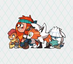  1girl alt_text aqua_headband argyle_background axe black_boots blue_pants blush boots clothes_around_waist commentary crossover dirty_footwear east-west_crossover english_commentary eyelashes facepaint freckles gravity_falls green_eyes headband holding holding_axe l0verseyes long_hair lycanroc lycanroc_(dusk) nostrils official_alternate_costume on_one_knee orange_hair pants pokemon pokemon_(creature) pokemon_team scrafty shirt smile snover teeth torn_clothes torn_pants twitter_username war_paint wendy_corduroy white_background white_shirt 