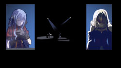  2girls bang_dream! bang_dream!_it's_mygo!!!!! black_corset black_dress black_gloves blonde_hair blue_hair closed_eyes clothing_cutout commentary_request corset doloris_(bang_dream!) dress gloves hand_on_own_chest highres instrument keyboard_(instrument) long_hair medium_hair misumi_uika multiple_girls oblivionis_(bang_dream!) photo-referenced red_shirt sasaki_rico seine_(hanamukes) shirt shoulder_cutout sidelocks takao_kanon togawa_sakiko 