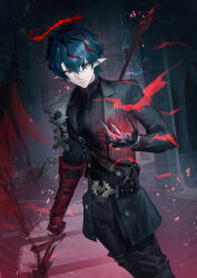  1boy absurdres arknights arknights:_endfield armor asymmetrical_gloves bat_(animal) bishounen black_jacket black_pants black_sweater blood blood_halo camille_(arknights) chinese_commentary claw_ring commentary_request cowboy_shot cuisses elbow_gloves gloves green_eyes green_hair halo hand_up highres holding holding_polearm holding_weapon jacket liquid_halo looking_at_viewer male_focus mismatched_gloves multicolored_hair neck_tattoo pants pauldrons pinstripe_jacket pinstripe_pattern pointy_ears polearm red_gloves red_streaks ribbed_sweater short_hair shoulder_armor single_elbow_glove single_pauldron spear spiked_halo streaked_hair sweater tattoo turtleneck turtleneck_sweater uneven_gloves weapon yiyanbanshengchou 