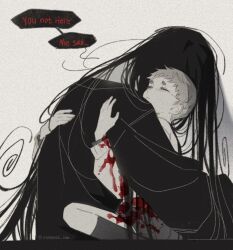  1boy 1girl adashino_adami black_kimono blood blood_on_clothes closed_eyes colored_skin commentary english_commentary english_text grey_background grey_hair grey_skin hetero highres homicipher hug japanese_clothes kimono long_hair mr._crawling short_hair simple_background sweater sweeeet_him very_long_hair very_short_hair 