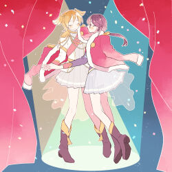  2girls aiguillette aqua_background badge belt blonde_hair blush boots brown_boots closed_eyes closed_mouth commentary_request confetti curtains daiba_nana dancing dot_nose epaulettes facing_another floating full_body fur-trimmed_jacket fur_trim glasses gradient_clothes gradient_jacket green_ribbon grey_jacket grey_skirt hair_between_eyes hair_ribbon hand_on_another's_hand highres holding_hands hoshimi_junna jacket jacket_on_shoulders legs_up long_hair long_sleeves looking_at_another low_ponytail multicolored_jacket multiple_girls pink_jacket pleated_skirt ponytail profile purple_hair purple_jacket red_jacket red_sash ribbon ririco_(gnsn) sash short_hair shoujo_kageki_revue_starlight shoulder_sash sidelocks single_horizontal_stripe skirt smile spotlight stage_curtains standing star_(symbol) striped_clothes striped_skirt two-tone_jacket two_side_up waist_cape white_jacket yellow_belt yellow_trim 