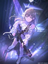  1girl absurdres amplifier artist_request bang_dream! bang_dream!_our_notes boots brown_hair commentary_request dress electric_guitar flower guitar hair_flower hair_ornament highres holding holding_guitar holding_instrument holding_plectrum instrument knee_boots kotohira_nagi light_particles long_hair looking_at_viewer official_art plectrum solo white_boots white_dress 
