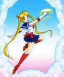  1girl :d absurdres bishoujo_senshi_sailor_moon blonde_hair blue_eyes boots choker doily double_bun earrings elbow_gloves full_body gloves gradient gradient_background hair_ornament highres jewelry jumping knee_boots long_hair looking_back magical_girl official_art open_mouth pleated_skirt pose red_boots sailor_collar sailor_moon skirt smile solo tiara tsukino_usagi twintails 