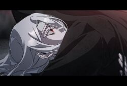  1boy 1girl adashino_adami bandaged_head bandages bbabbamis2 black_hair black_kimono homicipher hug japanese_clothes kimono letterboxed long_hair mr._crawling red_eyes upper_body white_hair 