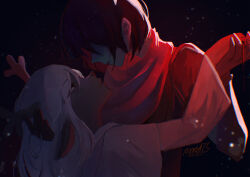  1girl 1other animal_ears antlers armor blonde_hair blue_skin colored_skin deer deer_antlers deer_ears deer_girl deltarune furry furry_female highres horns kris_(dark_world)_(deltarune) kris_(deltarune) long_hair mondstein-chan noelle_holiday noelle_holiday_(dark_world) painterly reindeer_girl robe short_hair thorn_ring_(deltarune) utdr_(toby_fox) weird_route_(deltarune) white_robe 