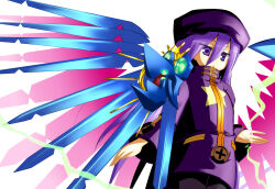  1girl :< armor black_pantyhose closed_mouth coat cowboy_shot hasumi_takashi long_hair mechanical_wings pantyhose pauldrons purple_coat purple_hair sekaiju_no_meikyuu sekaiju_no_meikyuu_3 shoulder_armor single_pauldron solo star_(symbol) violet_eyes white_background wide_sleeves wings zodiac_(sekaiju) zodiac_2_(sekaiju) 