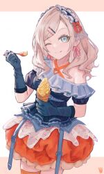  1girl :q ;q absurdres armpit_crease blue_eyes blue_gloves blue_shirt ceras_yanagida_lilienfeld commentary cowboy_shot english_commentary food frilled_shirt frilled_skirt frills gloves grey_hair hair_ribbon highres holding holding_food holding_ice_cream holding_ice_cream_cone holding_spoon ice_cream ice_cream_cone long_hair looking_at_viewer love_live! love_live!_hasu_no_sora_jogakuin_school_idol_club love_live!_series_official_card_game next_card_(love_live!) one_eye_closed ootato orange_skirt pink_ribbon ribbon shirt single_bare_shoulder single_off_shoulder skirt soft_serve solo spoon tongue tongue_out under-elbow_gloves virtual_youtuber 