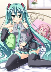  1girl aqua_hair bed blush detached_sleeves green_eyes hatsune_miku long_hair looking_at_viewer megurine_luka necktie sitting skirt skywaker smile solo takoluka thighhighs twintails very_long_hair vocaloid window yokozuwari 