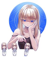  1girl blonde_hair blue_eyes catyan character_doll commentary cropped_torso doll english_commentary head_rest highres long_bangs long_hair real_life signature solo strap_slip taylor_swift the_tortured_poets_department_(taylor_swift) twitter_username upper_body 