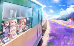  3girls bare_arms bench birthday black_hair blonde_hair blue_sky chloe_von_einzbern clouds commentary_request cup denim denim_shorts door dress drink fate/kaleid_liner_prisma_illya fate_(series) field flower flower_field frilled_shirt frills hair_up hand_on_own_head happy_birthday highres holding holding_hands holding_ice_cream_cone holding_shaved_ice holding_spoon house ice_cream_cone illyasviel_von_einzbern kagachi_saku lens_flare looking_at_another looking_to_the_side midriff midriff_peek miyu_edelfelt mountain multiple_girls on_bench one_eye_closed open_mouth pants purple_shirt railroad_tracks red_eyes shirt short_sleeves shorts sitting sky sleeveless sleeveless_dress smile spoon sun t-shirt train translation_request white_pants window yellow_eyes 