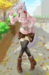  1girl alternate_costume animal_ears bare_shoulders belt bespectacled boots contemporary glasses inubashiri_momiji red_eyes short_hair shorts silver_hair solo tail thighhighs touhou tyomo wolf_ears wolf_tail 