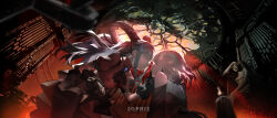  2girls bang_dream! bang_dream!_it's_mygo!!!!! black_dress black_gloves black_skirt blue_hair candle clothing_cutout commentary doloris_(bang_dream!) dress earrings gloves highres horns instrument jewelry kouhiipan light_particles logo medium_hair misumi_uika multiple_girls oblivionis_(bang_dream!) organ_(instrument) red_shirt shirt shoulder_cutout sidelocks skirt sophie_(bang_dream!) statue togawa_sakiko yuri 