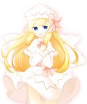  1girl aura blonde_hair blue_eyes capelet dress ellipsis_(artist) fairy_wings hands_on_own_chest hands_together hat head_tilt highres lily_white long_hair looking_at_viewer open_mouth ribbon simple_background solo touhou very_long_hair white_background wings 