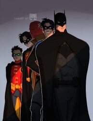  batman batman_(series) batman_symbol belt black_bodysuit black_gloves black_hair bodysuit brothers brown_jacket bruce_wayne cowl damian_wayne dc_comics dick_grayson domino_mask eye_mask father_and_child father_and_son gloves grey_bodysuit jacket jason_todd johannathemad male_focus mask multicolored_bodysuit multiple_boys muscular muscular_male nightwing open_clothes pants parent_and_child red_hood_(dc) red_hood_and_the_outlaws red_mask red_robin robin_(dc) short_hair siblings superhero_costume taut_bodysuit taut_clothes tim_drake two-tone_bodysuit utility_belt western_comics_(style) 