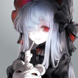  1girl 3cmuck absurdres black_bonnet black_bow black_dress bonnet bow character_request chinstrap closed_mouth copyright_request dress gothic_lolita grey_background grey_hair hair_over_one_eye highres holding holding_stuffed_toy index_finger_raised lolita_fashion long_hair long_sleeves looking_at_viewer pale_skin puffy_long_sleeves puffy_sleeves red_eyes simple_background smile solo stuffed_animal stuffed_toy teddy_bear upper_body 