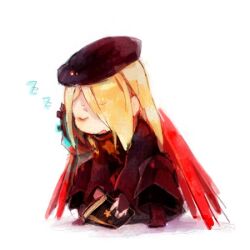  1boy 8'108 armor blonde_hair book brown_coat brown_hat closed_eyes coat hair_over_one_eye hat holding holding_book long_coat long_hair lowres male_focus one_eye_covered open_mouth pauldrons sekaiju_no_meikyuu sekaiju_no_meikyuu_3 shoulder_armor simple_background single_pauldron solo squatting star_(symbol) white_background zodiac_(sekaiju) zodiac_3_(sekaiju) zzz 