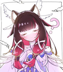  1girl ? animal_ear_fluff animal_ears black_hair blush cat_ears closed_mouth columbina_(genshin_impact) dress feathers genshin_impact gradient_hair hair_ornament head_wings looking_at_viewer multicolored_hair nekot0_sabu red_hair smile solo two-tone_hair white_background white_dress white_feathers white_wings wings x_hair_ornament 