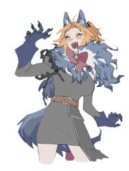  1girl adapted_costume ahoge animal_ears bear_trap black_dress bow breasts chain claws commentary_request cosplay dress fangs fate/grand_order fate_(series) fujimaru_ritsuka_(female) hessian_(fate) hessian_(fate)_(cosplay) koma_5ma58 large_breasts lobo_(fate) lobo_(fate)_(cosplay) long_sleeves mane one_side_up orange_eyes orange_hair red_bow short_hair side_ponytail simple_background solo tail white_background wolf_ears wolf_girl wolf_tail 