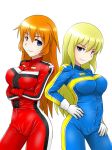  2girls alternate_costume breasts charlotte_e_yeager cosplay crossed_arms gloves hands_on_hips isosceles_triangle_(xyzxyzxyz) jumpsuit large_breasts marian_e_carl multiple_girls racing_suit strike_witches 