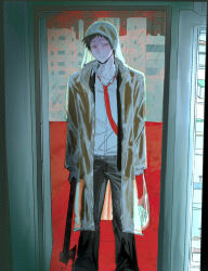  1boy absurdres adachi_tooru american_psycho arm_at_side axe bag belt black_hair black_jacket black_pants cabbage closed_mouth collared_shirt cosplay doorway highres holding holding_axe holding_bag jacket male_focus nayam88646020 necktie pants patrick_bateman patrick_bateman_(cosplay) persona persona_4 raincoat red_necktie see-through_clothes see-through_raincoat shirt short_hair solo 