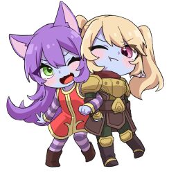  2girls :t animal_ears armor blonde_hair blue_skin blush boots cat_ears chibi closed_mouth colored_skin commentary_request dress eyes_visible_through_hair fang full_body green_eyes hair_between_eyes highres large_ears league_of_legends long_hair long_sleeves looking_at_viewer lulu_(league) multiple_girls one_eye_closed open_mouth pantyhose pink_eyes pointy_ears poppy_(league) pout purple_hair purple_skin red_dress red_eyes ri_~yoku shoulder-to-shoulder shoulder_armor shoulder_plates simple_background skin_fang smile standing striped_sleeves twintails v-shaped_eyebrows white_background yordle 