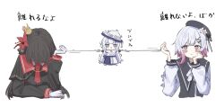  3girls armband beret black_capelet black_coat black_hair black_hat black_shirt capelet coat collared_coat collared_shirt crown flower flower-trimmed_sleeves gloves gradient_hair hair_flower hair_ornament hat hat_flower hat_ribbon head_on_hand highres holding holding_string long_hair long_sleeves mahou_shoujo_no_majo_saiban mini_crown mini_person minigirl multicolored_hair multiple_girls neck_ribbon necktie nexdcw7fj015977 nikaido_hiro pink_eyes pink_hair red_armband red_flower red_necktie ribbon sakuraba_ema shirt short_hair side_capelet simple_background sleeveless sleeveless_coat spoilers stretching string translation_request tsukishiro_yuki upper_body white_background white_flower white_gloves white_hair white_ribbon white_shirt white_sleeves x_hair_ornament 