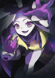  1girl :d absurdres arched_bangs bayuh21 bright_pupils colored_skin dress fang feathered_wings gloves gradient_hair grey_skin head_wings highres hololive hololive_english leaning_forward long_hair long_sleeves looking_at_viewer mole mole_under_eye multicolored_hair ninomae_ina'nis official_alternate_costume official_alternate_hairstyle open_mouth orange_hair pantyhose purple_dress purple_gloves purple_hair purple_pantyhose reaching reaching_towards_viewer short_dress sidelocks single_leg_pantyhose skin_fang smile solo tako_takover_(ninomae_ina'nis) tentacle_hair tentacles very_long_hair violet_eyes virtual_youtuber white_pupils white_wings wings 