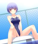  1girl blue_eyes chain-link_fence competition_swimsuit hijikioi_shii one-piece_swimsuit original purple_hair short_hair sitting swimsuit 
