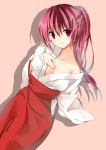1girl blush breasts cleavage hakama iori_(cpeilad) japanese_clothes kimono long_hair miko off_shoulder original ponytail red_eyes redhead smirk