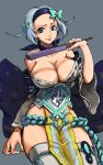 1girl bare_shoulders blade_&amp;_soul blue_hair bow breasts cleavage fan grey_legwear hair_bow hairband large_breasts looking_at_viewer raised_eyebrow smile solo soojie_roh thigh-highs 