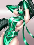  1girl akali alternate_costume black_hair breasts elbow_gloves face_mask forehead_protector gloves green_eyes hands_in_hair highres kumiko_(aleron) large_breasts league_of_legends long_hair mask ponytail ribbon sideboob solo tabard vambraces very_long_hair 