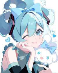  1girl :q ;q absurdres bare_shoulders black_sleeves blue_bow blue_eyes blue_hair blue_nails blue_necktie blush bow cinnamiku cinnamoroll closed_mouth collared_shirt commentary_request detached_sleeves double-parted_bangs fuwa_fuwa_cinnamoroll grey_shirt hair_between_eyes hair_bow hair_intakes hatsune_miku head_rest heart highres hiryang_(hiryang1680) long_sleeves looking_at_viewer nail_polish necktie one_eye_closed sanrio shirt short_hair simple_background sleeveless sleeveless_shirt smile solo tongue tongue_out updo upper_body vocaloid white_background 