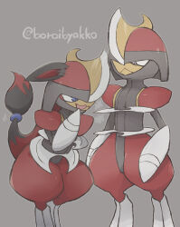  +++ 2others :< absurdres animal_ears artist_name bisharp black_hair black_skin blue_eyes boroibyakko closed_mouth colored_skin commentary disguised_zoroark eye_contact grey_background grey_skin hand_to_own_mouth hand_up happy helmet highres leaning_forward legs_together long_hair looking_at_another low-tied_long_hair multicolored_hair multicolored_skin multiple_others open_mouth other_focus pokemon pokemon_(creature) red_hair red_helmet red_skin signature simple_background smile standing thick_thighs thighs twitter_username two-tone_hair very_long_hair white_eyes wide_hips wolf_ears yellow_skin zoroark 