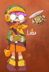  1girl antennae boots character_name chrono_trigger controller fire glasses hammer headset helmet lucca_ashtear matt_cummings opaque_glasses open_mouth pigeon-toed purple_hair remote_control robo robot signature smile standing tagme 