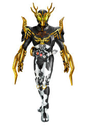  1boy antlers armored_bodysuit batayan commentary compound_eyes full_body highres horns kamen_rider kamen_rider_ooo kamen_rider_ooo_(series) kamen_rider_ooo_(shigazeshi_combo) looking_at_viewer o_scanner ooo_driver simple_background solo tokusatsu white_background 