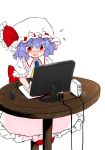  1girl aichinomiya ascot blush computer drawing fan flying_sweatdrops hat highres motion_lines remilia_scarlet solo table tablet touhou 