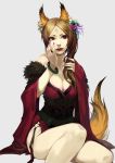  1girl absurdres animal_ears bebe1999 bracelet breasts brown_hair cleavage eyeliner facial_mark flower forehead_mark fox_ears fox_tail hair_flower hair_ornament highres japanese_clothes jewelry kimono large_breasts lips long_hair makeup nail_polish obi off_shoulder original red_eyes side_ponytail solo tail thighs 