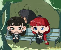  3girls bench black_eyes black_hair black_serafuku black_shirt black_skirt blue_eyes braid chibi chibi_only commentary covered_face cursive earrings eating flying_sweatdrops food holding holding_food holding_popsicle jaw_drop jewelry jump_rope kissingfired lara_(sayonara_lara) long_hair long_skirt maibara_himeka mask_pull multiple_girls neckerchief on_bench ootsu_mari outdoors pleated_skirt ponytail popsicle red_hair sayonara_lara school_uniform serafuku shirt short_ponytail signature single_braid sitting skirt smile tree twitter_username very_long_hair white_neckerchief 
